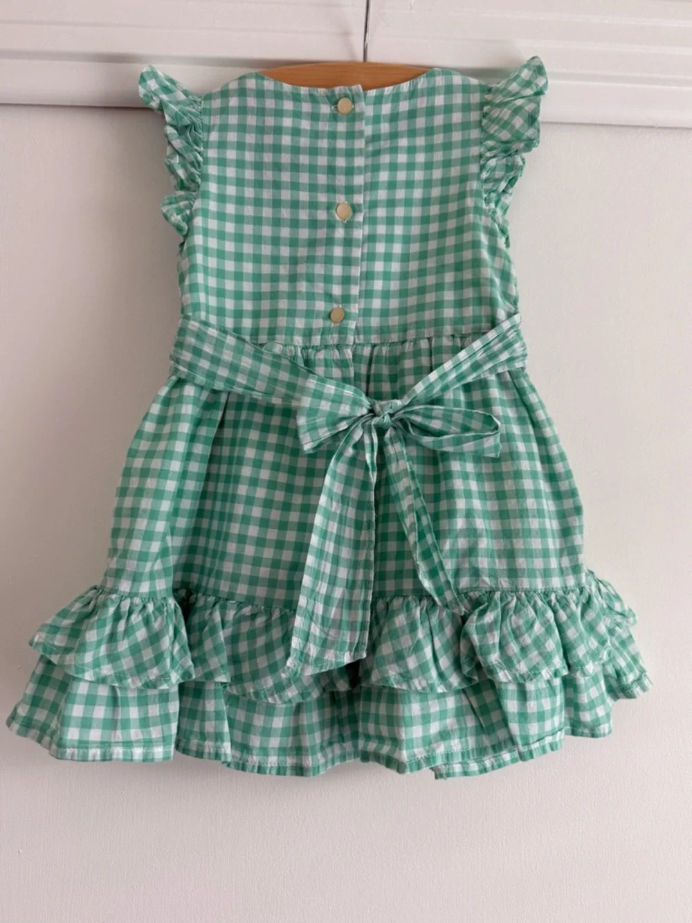 Chaps Toddler Girls 18M Green Gingham Dress Ruffle Hem Floral Detail - Picture 9 of 14